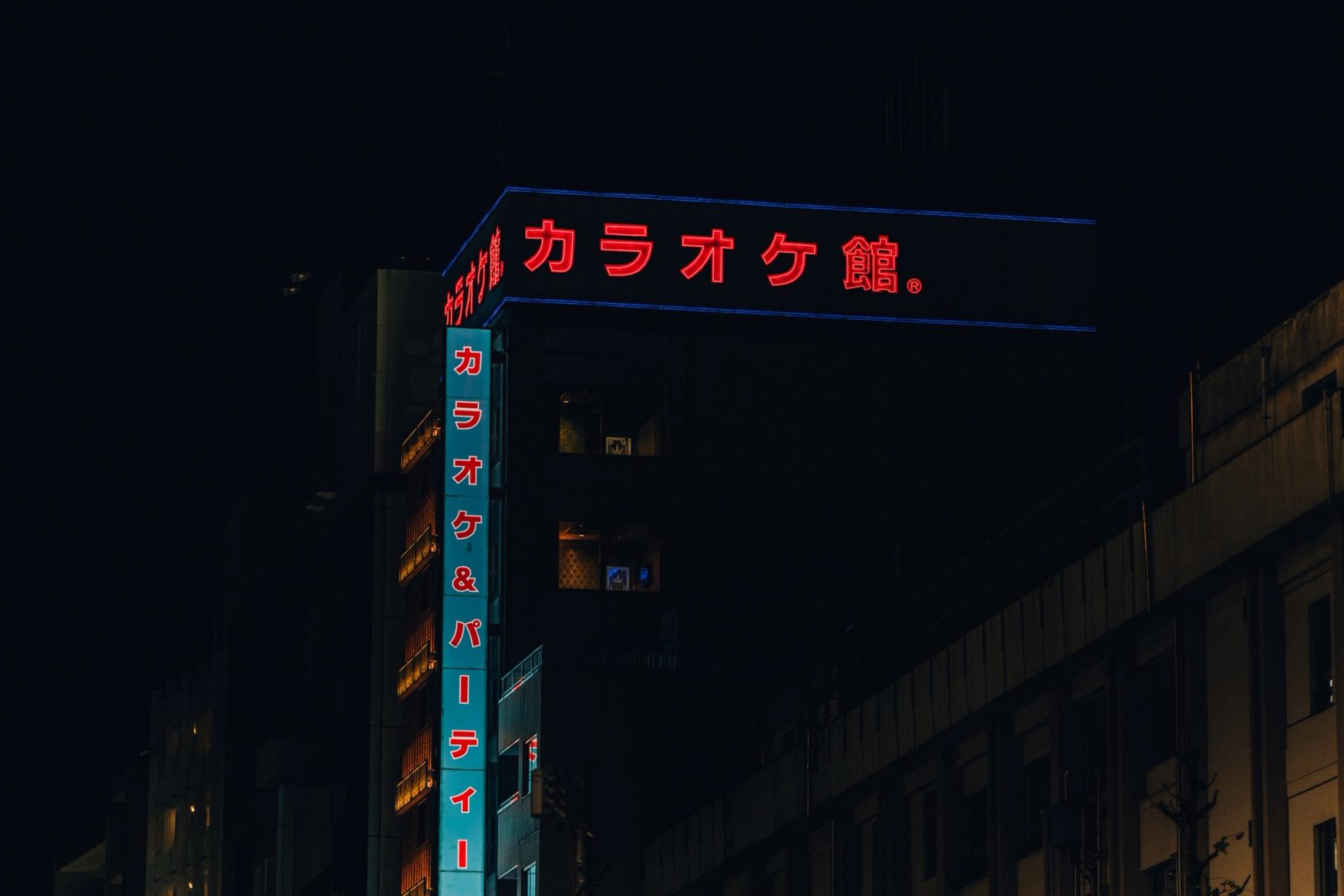 A red-and-blue neon karaoke sign glowing on a dark building at night.