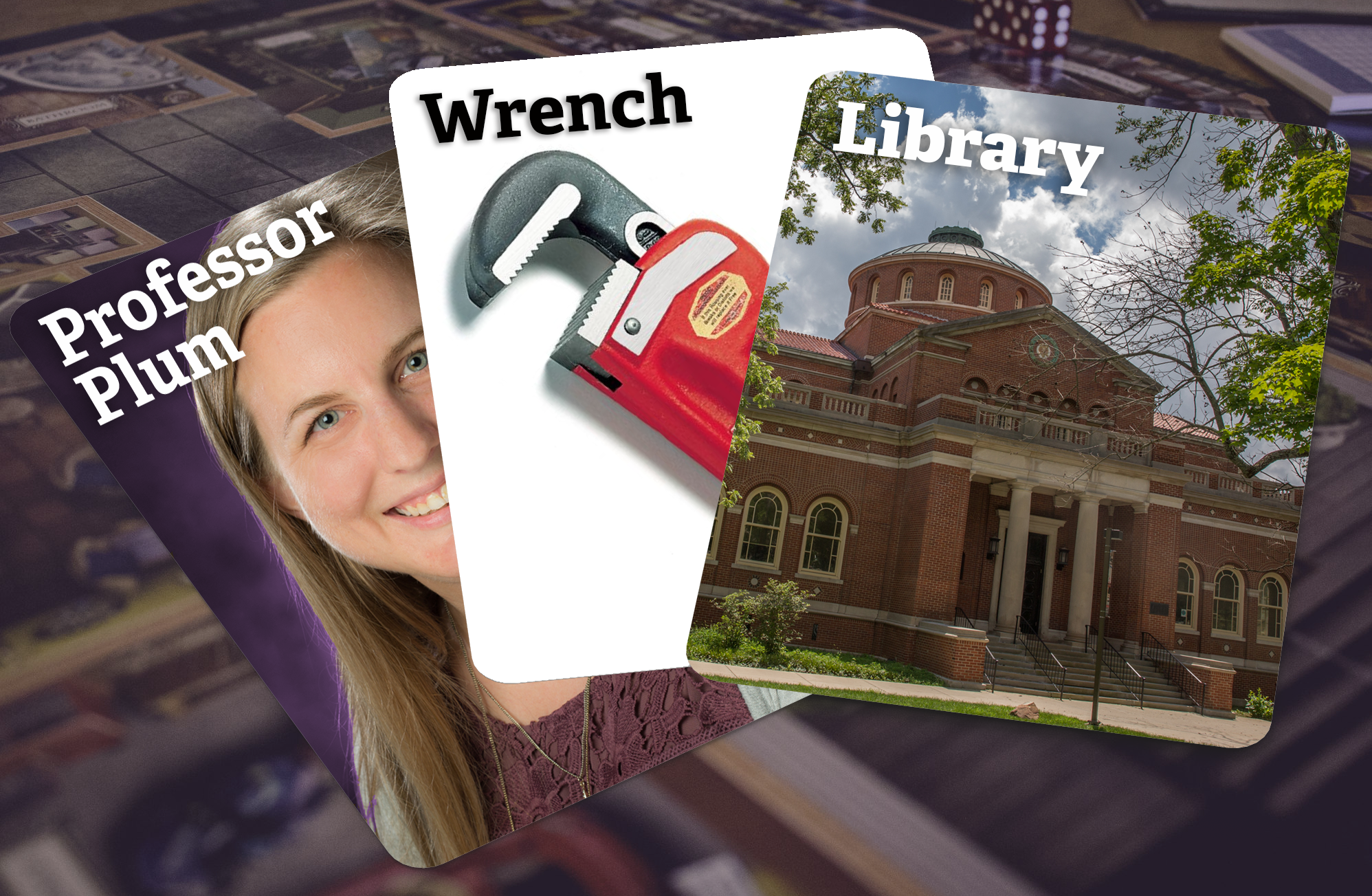 Professor Plum with wrench in the Art and Architecture Library