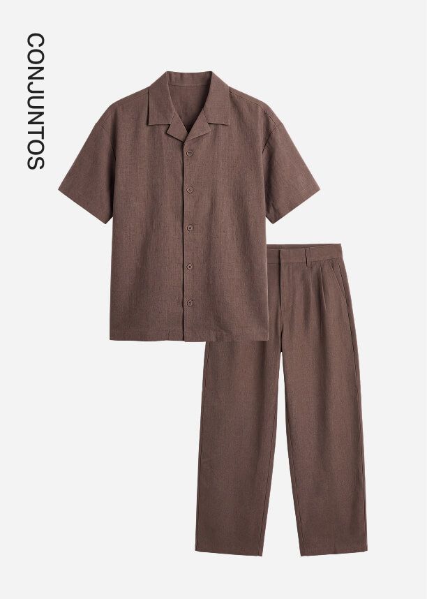 Conjunto de lino marrón de dos piezas con camisa de manga corta y pantalón, promocionando la nueva colección de moda masculina.