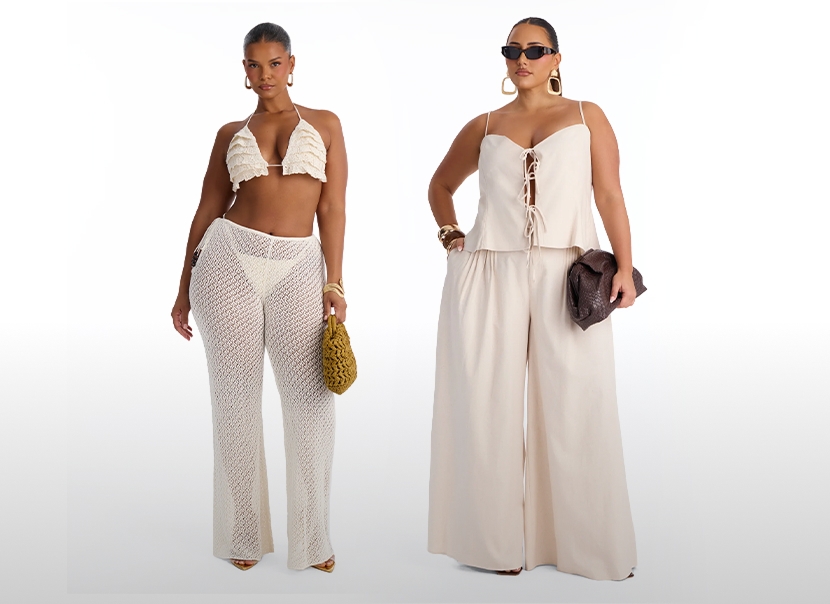 Plus-size models in chic neutral summer resort wear: a crochet bikini set and a wide-leg pant outfit. Versatile new collection.