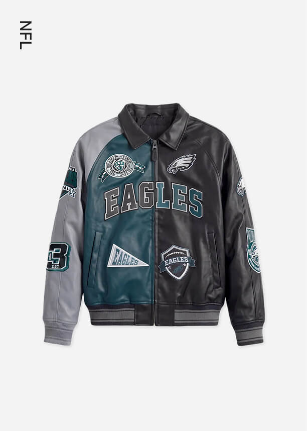 Philadelphia Eagles color-blocked leather jacket in black, grey, and teal with team patches. Shop officially licensed NFL fan outerwear.