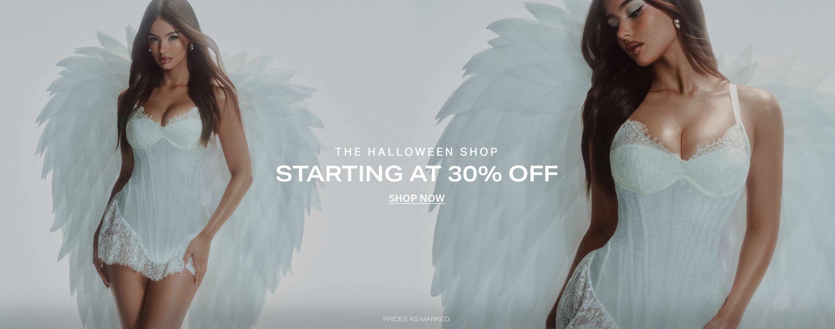 Woman posing in a white lace angel costume with large feathered wings, promoting a Halloween shop fashion sale starting at 30% off.