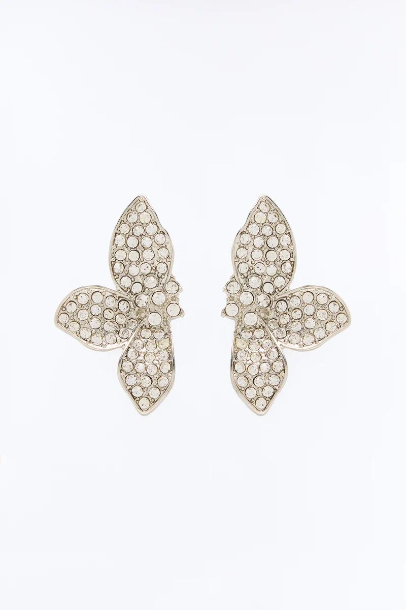 Silver butterfly stud earrings paved with sparkling clear crystal rhinestones.