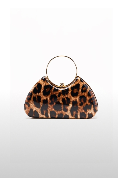 Elegant leopard print clutch evening bag featuring a glossy finish and a round gold metal ring handle, ideal for modern party fashion.