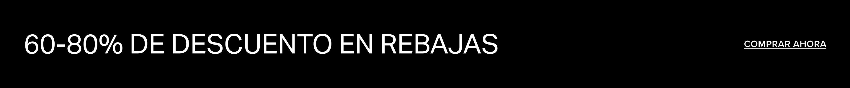 Texto blanco sobre fondo negro anunciando una OFERTA del 60-80% de descuento con un botón 'COMPRAR AHORA' para grandes rebajas.