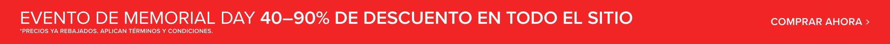Banner promocional rojo: 40-90% de descuento en todo el sitio web. Botón 'COMPRAR AHORA' para grandes ofertas. Aplican términos.