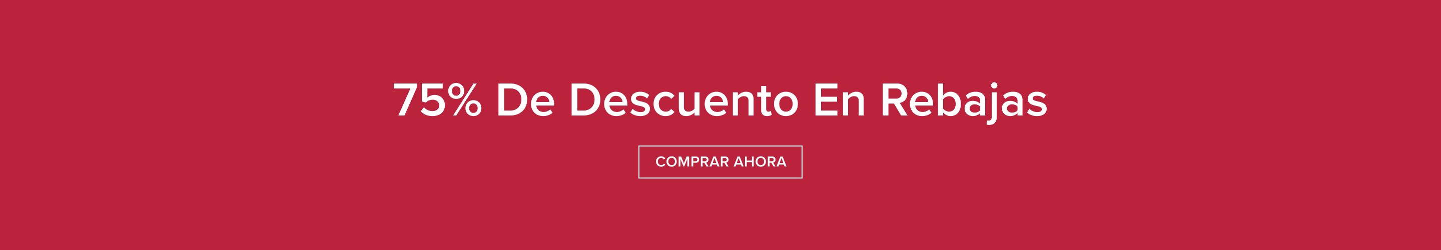 Banner promocional rojo intenso que muestra '75% Off Sale' en texto blanco, con un botón 'SHOP NOW' para descuentos exclusivos.
