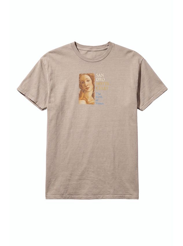 Beige graphic tee featuring Botticelli's "The Birth of Venus" portrait and artist's name. A stylish art history fashion statement.