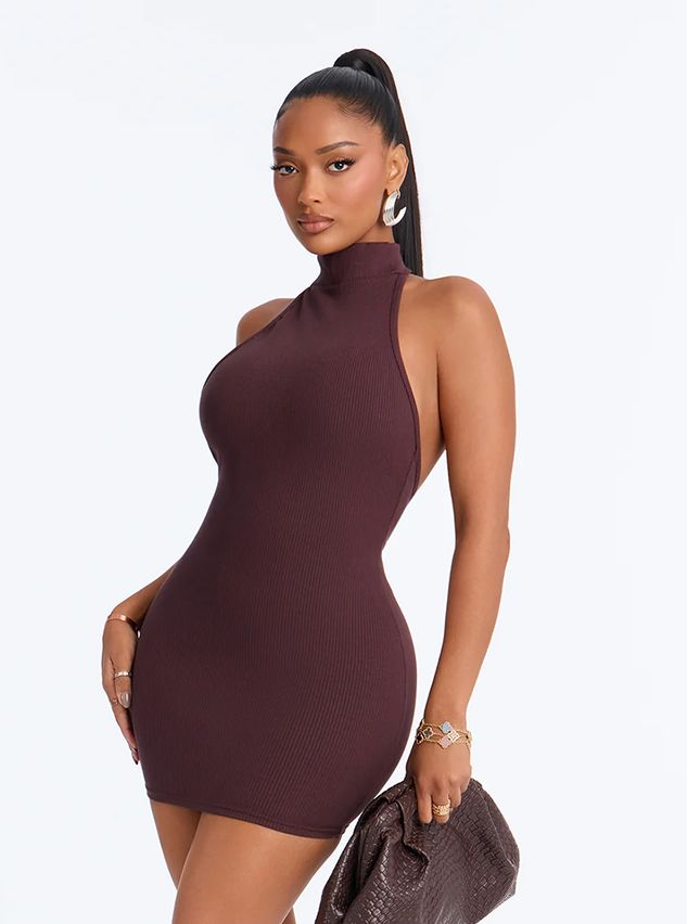 Chic chocolate brown ribbed halter neck bodycon mini dress from the new partywear collection, styled with a matching clutch.