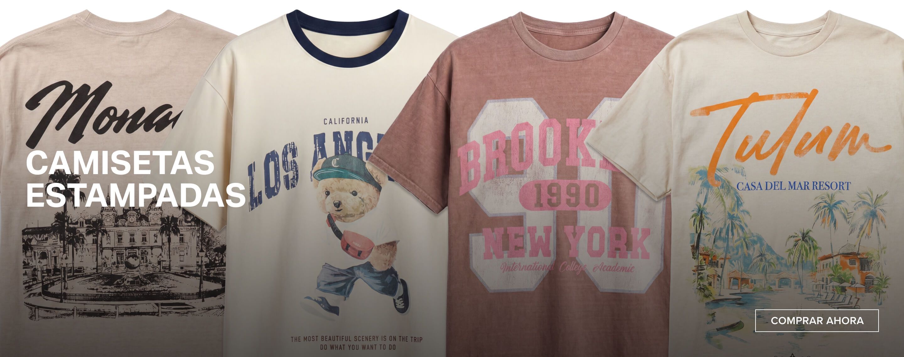 Camiseta gráfica crema "Los Angeles" con oso de peluche y camiseta gráfica rosa "Brooklyn New York". ¡Compra novedades!