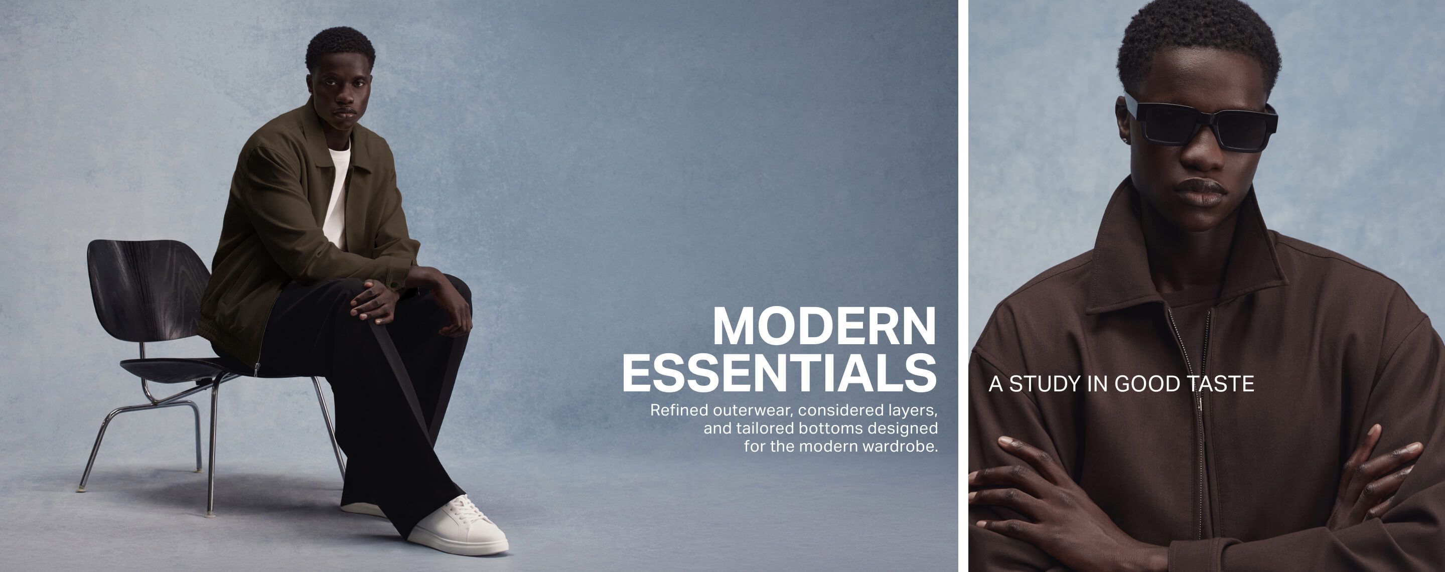 Model in olive outerwear and white sneakers next to close-up in sunglasses, promoting the brand's new Modern Essentials menswear collection.