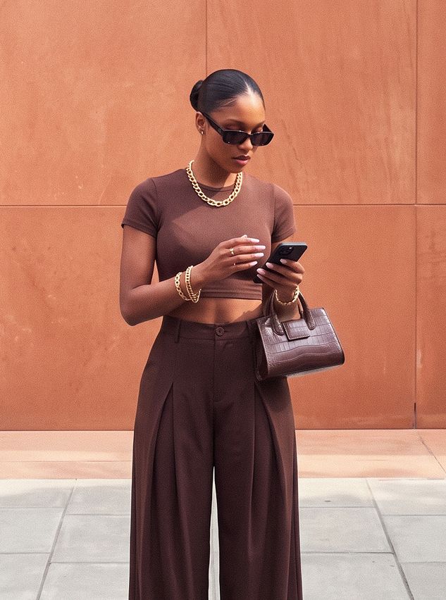 Woman in a chic monochromatic brown outfit: crop top, wide-leg pants, gold chain jewelry, and croc-embossed bag. Modern style inspiration.