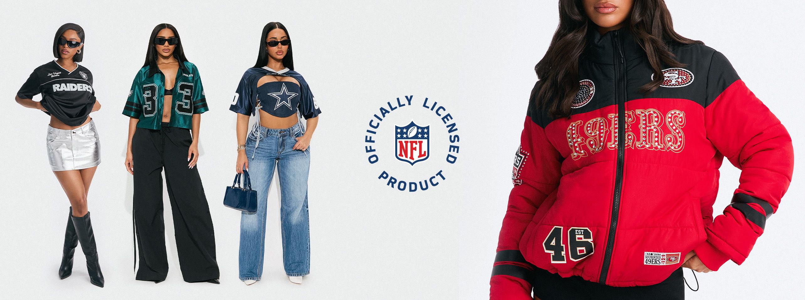 Modelos con ropa de moda de la NFL para mujer de los Raiders, Eagles, Cowboys y una chaqueta de los 49ers. Producto oficial de la NFL.