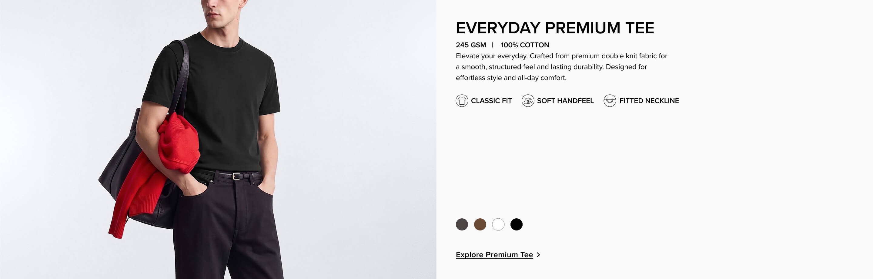 White premium cotton t-shirt on a man in dark pants, promoting its regular fit and soft handfeel for everyday style.