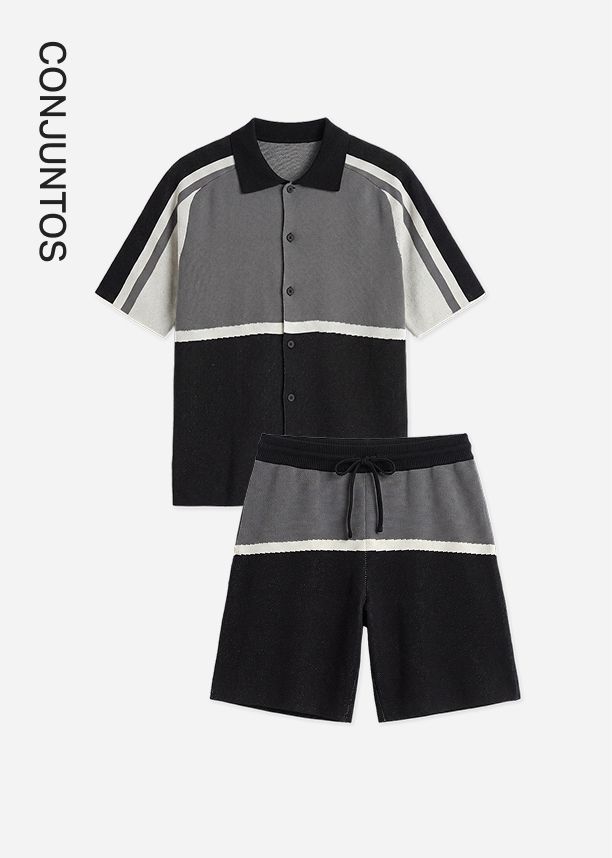 Conjunto de punto para hombre en gris y negro con camisa polo de manga corta y pantalones cortos con cordón, ideal para la moda de verano.
