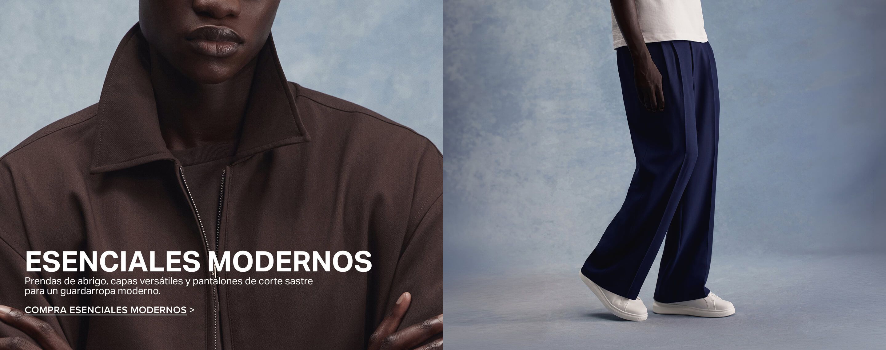 Modelo con pantalones de sastre azul marino de pierna ancha y zapatillas blancas, promocionando la colección de moda Modern Essentials.