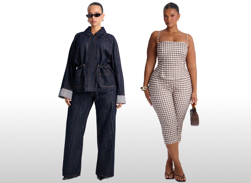 Dos modelos de talla grande lucen un conjunto denim oscuro y un traje de cuadros marrón, destacando la nueva colección de moda femenina.