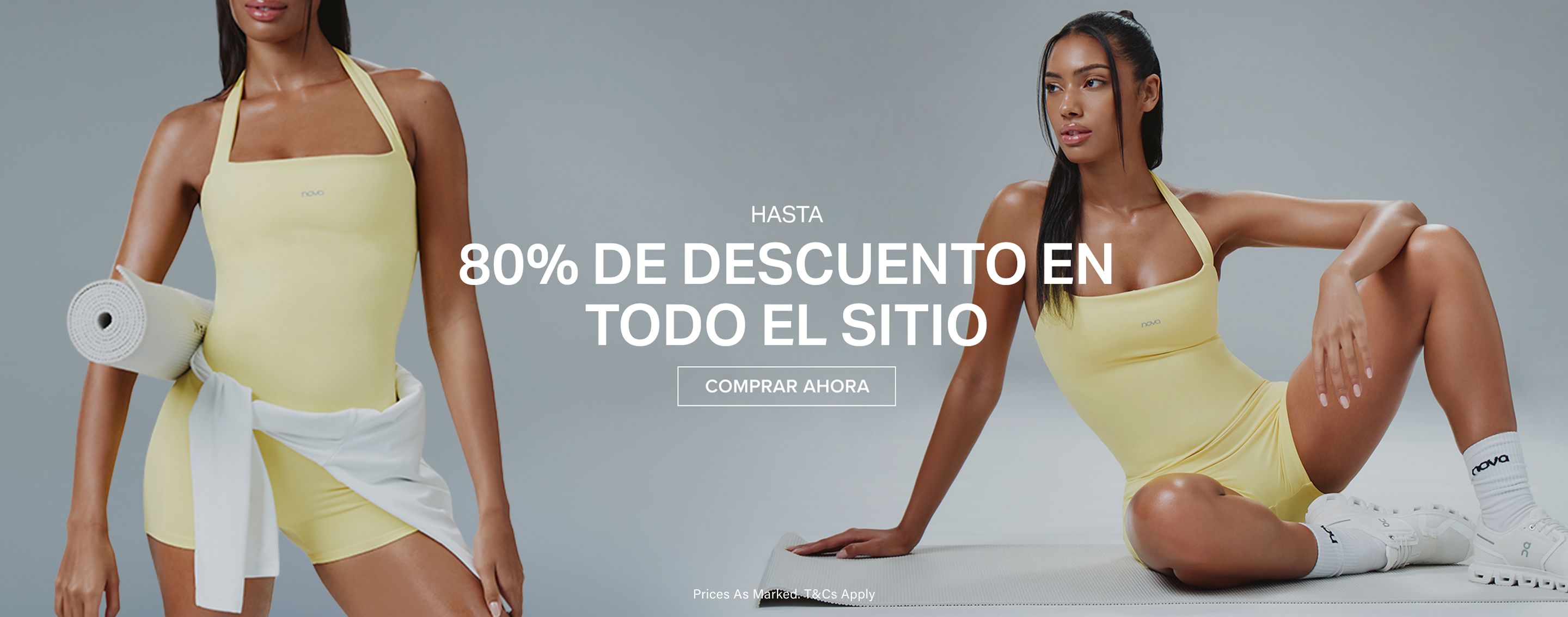 Mujer modelando un mono deportivo amarillo Nova sobre fondo gris, promocionando una rebaja del 80% en toda la web. ¡Compra Ahora!