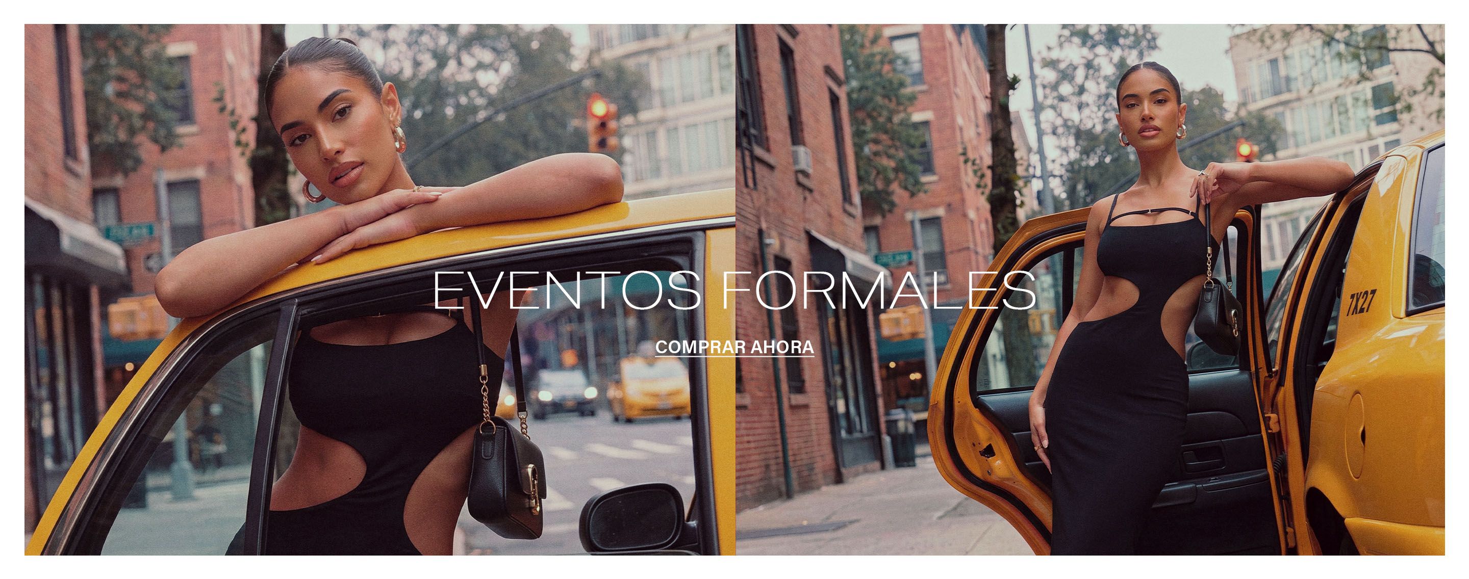 Modelo con vestido formal negro de aberturas y tacones, apoyada en taxi amarillo en la ciudad. Compra la colección formal.