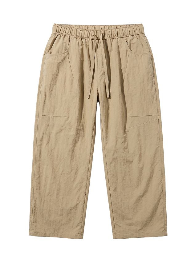 Khaki drawstring casual pants with elastic waist and side pockets. Lightweight, relaxed fit trousers for comfortable everyday wear.