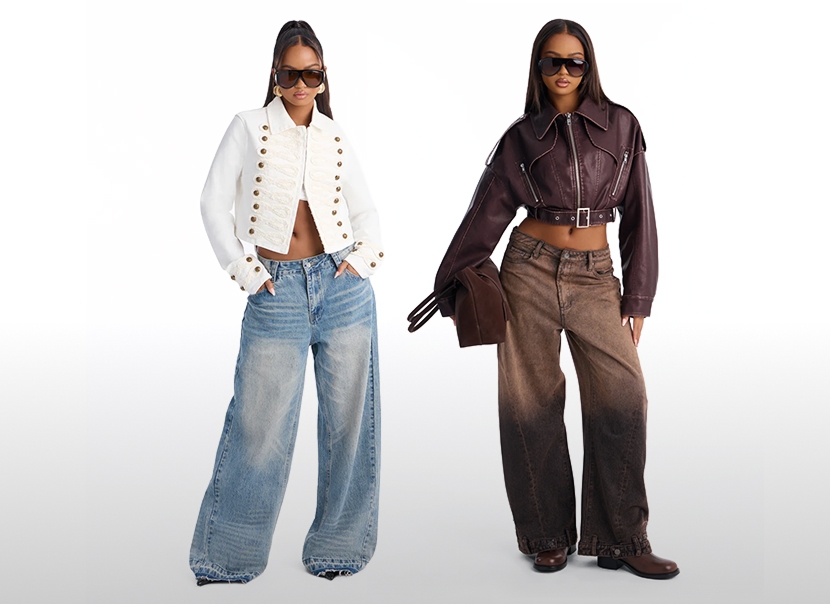 Two models posing in white and brown cropped jackets with baggy wide-leg jeans, showcasing a new women's streetwear fashion collection.