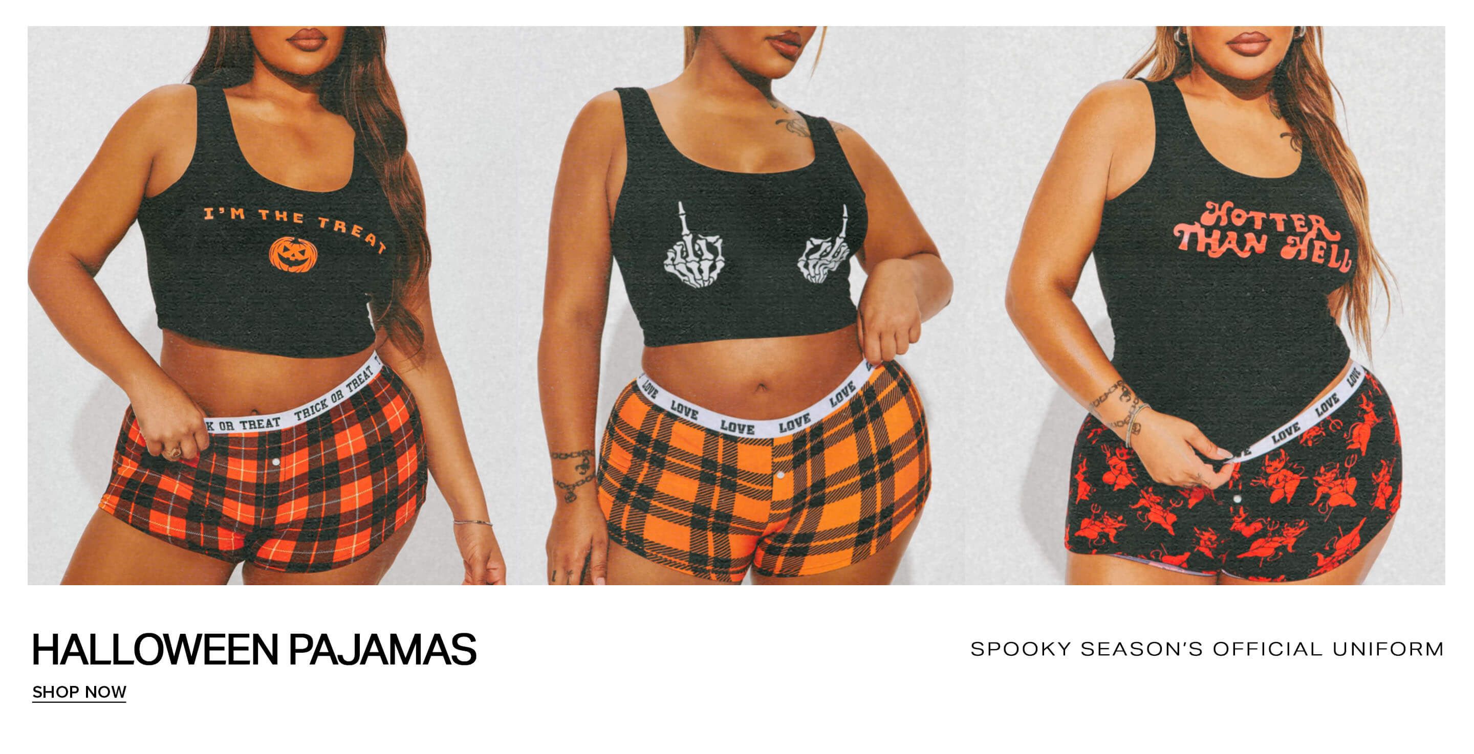 Curvy model wears Halloween pajamas featuring a black 'I'm the Treat' crop top and orange plaid shorts to promote the spooky season collection.