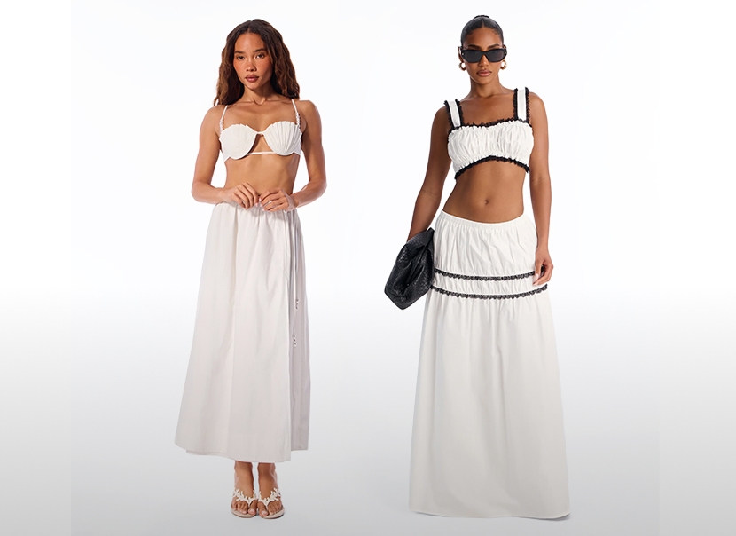 Modelos visten conjuntos blancos de verano: crop top tipo concha y falda maxi; o crop top fruncido con ribete negro y falda. Moda vacacional.