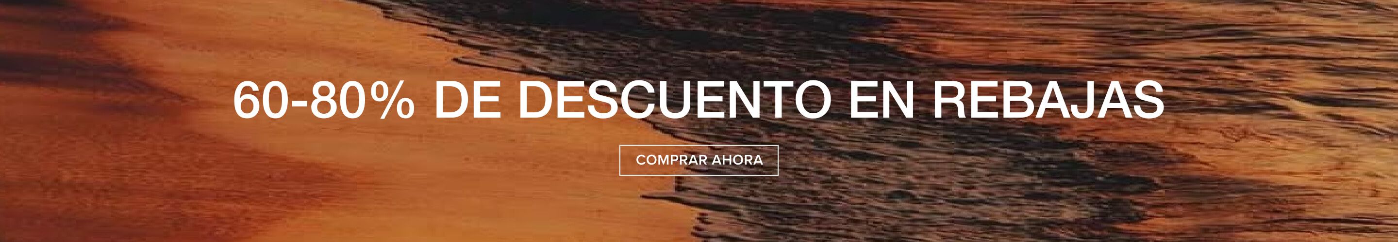 Banner cálido naranja-rojo de cielo al atardecer con texto blanco: "60-80% OFF SALE." Un botón "SHOP NOW" invita a descubrir descuentos actuales.