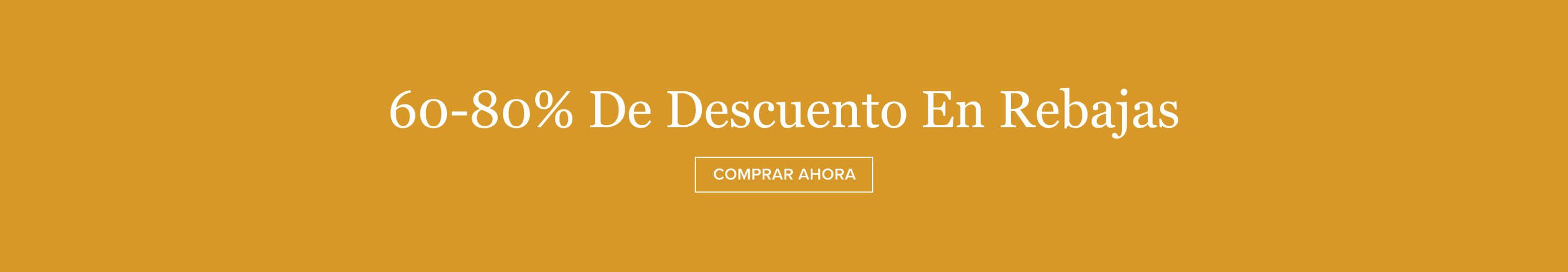 Gran texto blanco "60-80% de Descuento" sobre fondo amarillo mostaza con botón "COMPRAR AHORA". ¡Descubre grandes ahorros!