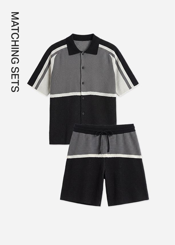 Men's grey and black color-block knit matching set with a short-sleeve button-down polo and drawstring shorts from the conjuntos collection.