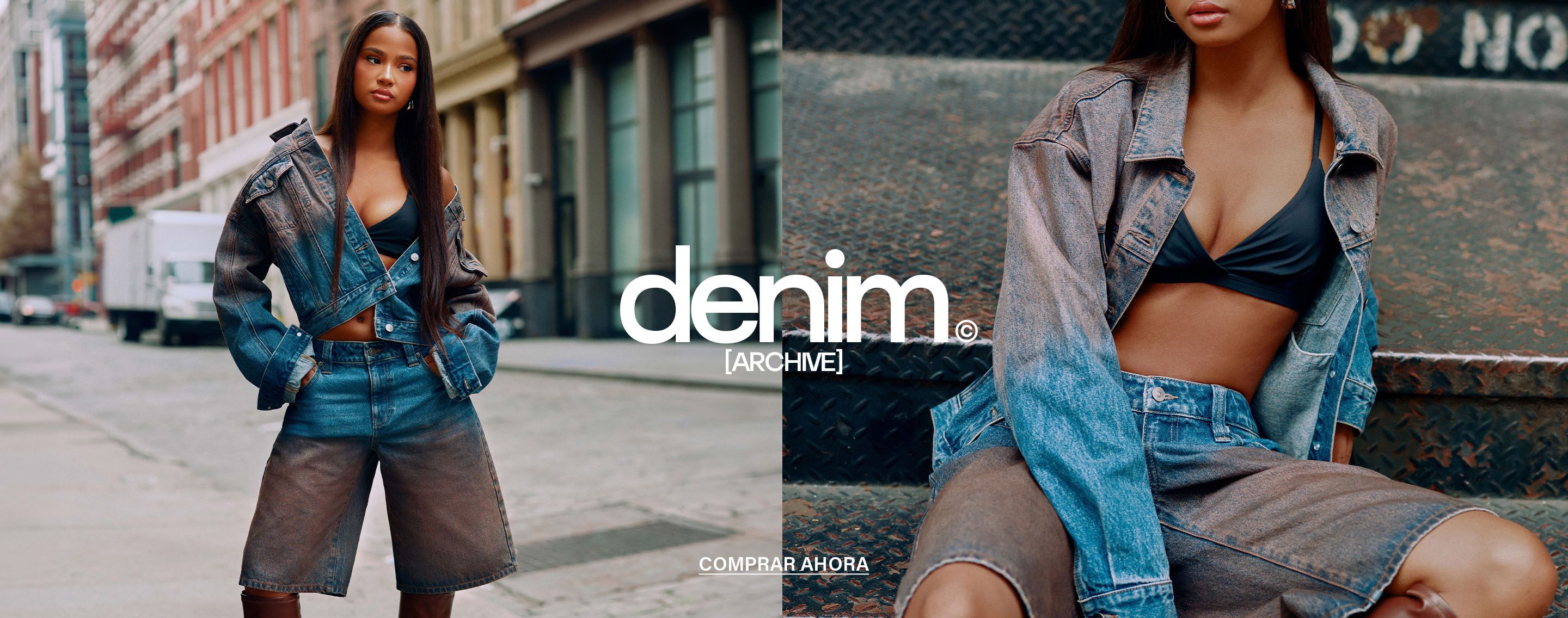 Mujer posando en escaleras metálicas oxidadas con chaqueta de mezclilla, shorts y botas, promocionando la colección denim ARCHIVE.
