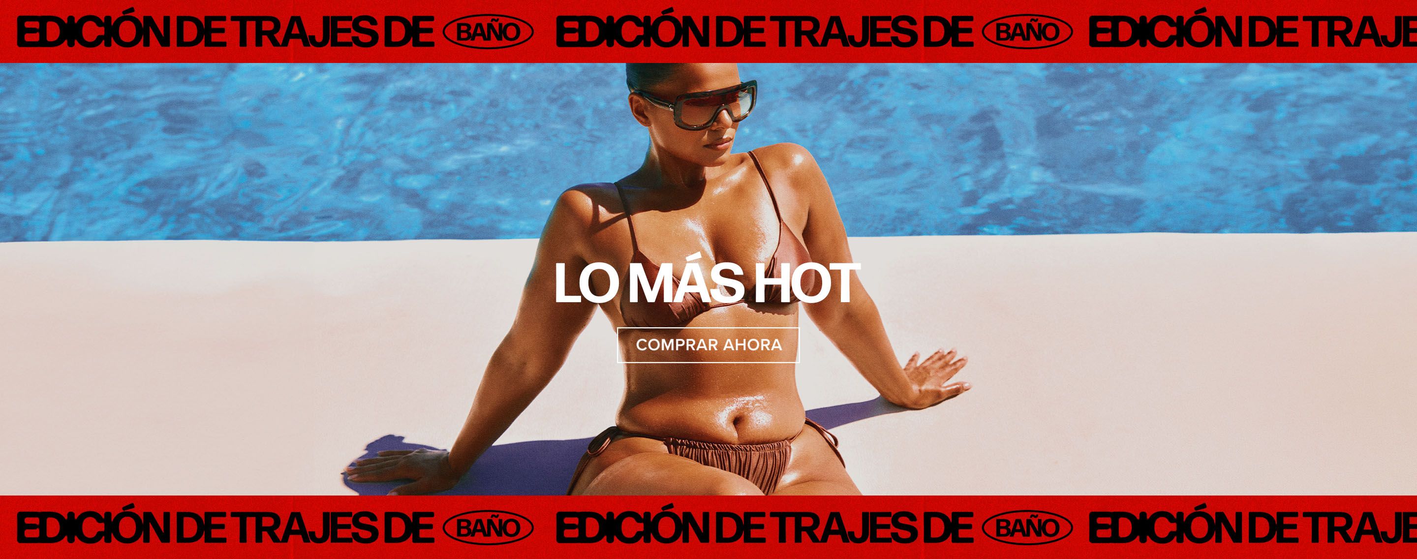 Mujer en bikini marrón y gafas de sol en piscina azul brillante, posando para la colección de baño "High Heat". Compra nueva ropa de baño.