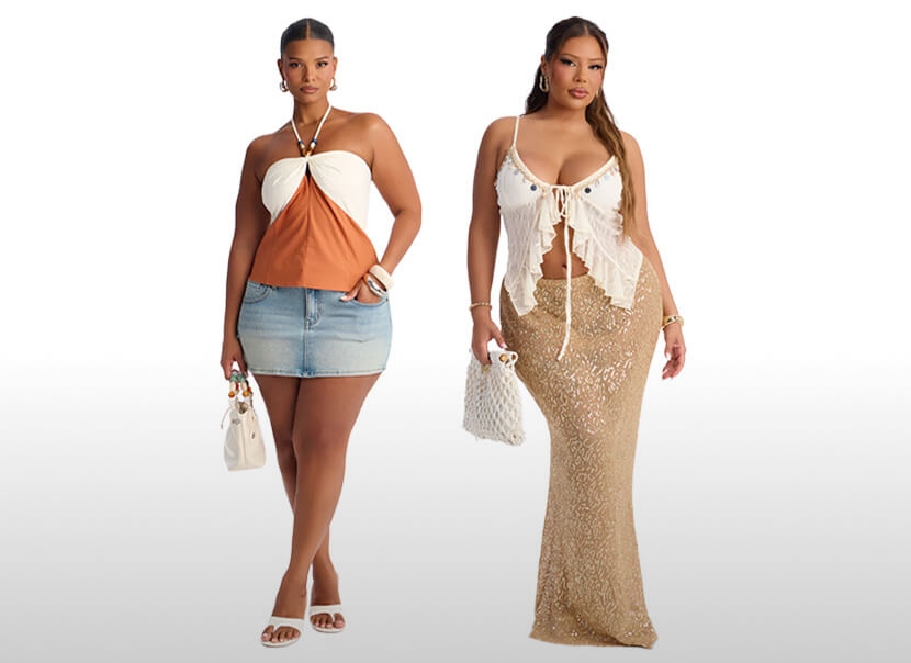 Two women model plus size summer fashion: a white/terracotta halter top with denim mini-skirt, and a cream ruffle crop top with gold sequin maxi skirt.