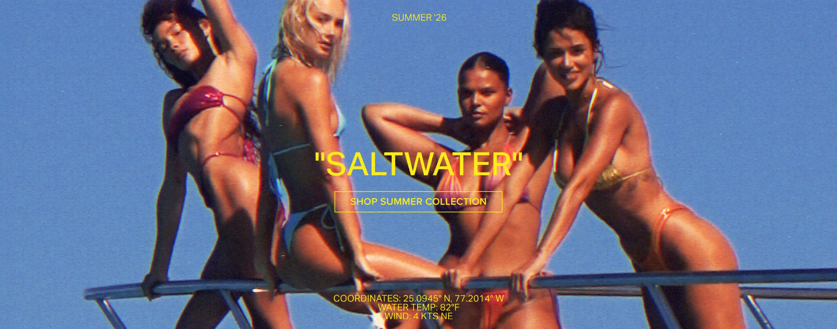 Four women model vibrant bikinis on a boat, under a blue sky, for the new "Saltwater" Summer '26 swimwear collection.