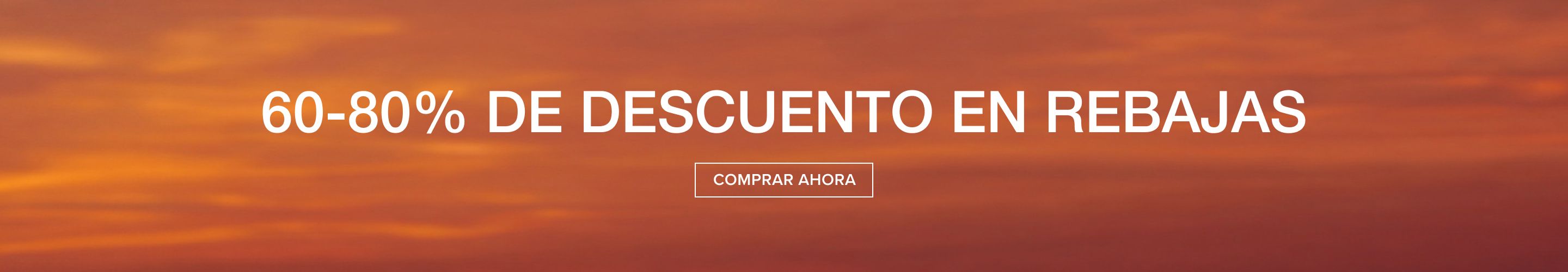 Banner con degradado de atardecer naranja-rojo anunciando '60-80% OFF SALE' con botón 'SHOP NOW'. Destacando gran descuento.