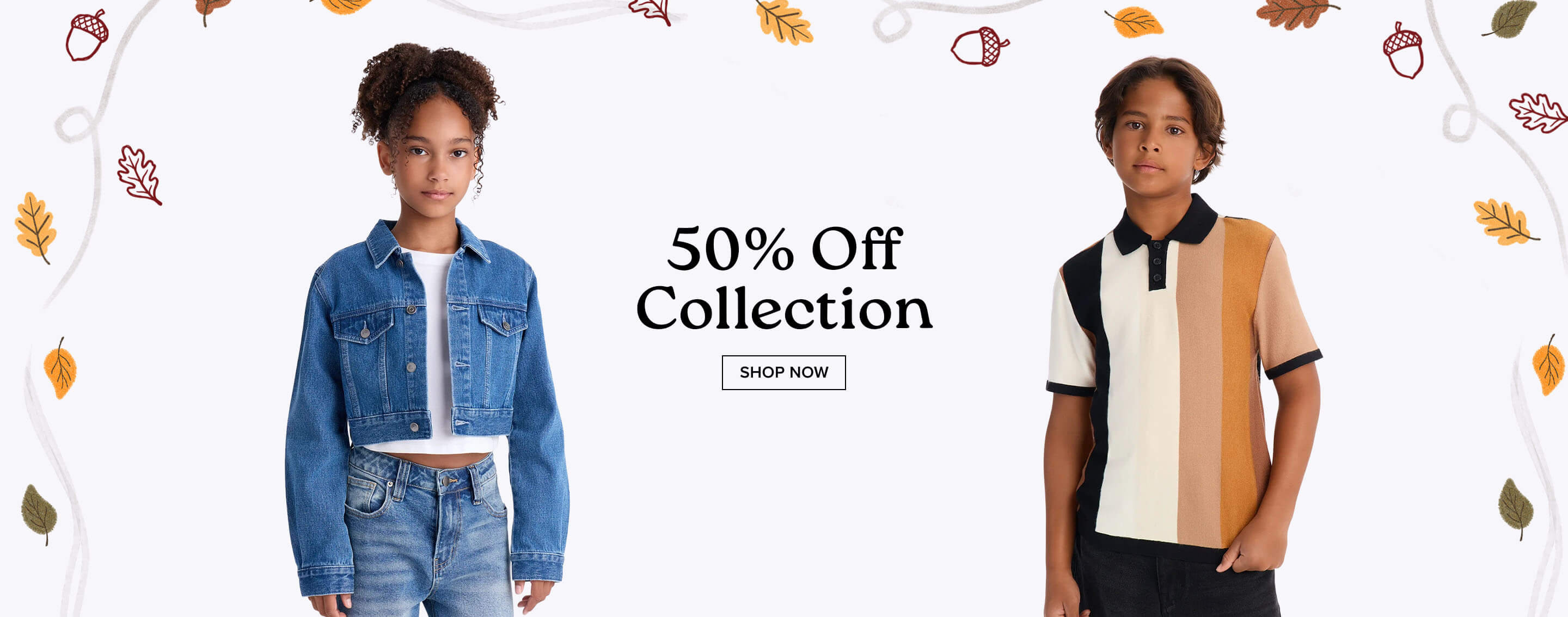 Girl modeling a blue cropped denim jacket for a 50% off fall fashion sale banner surrounded by autumn leaves with a Shop Now button.