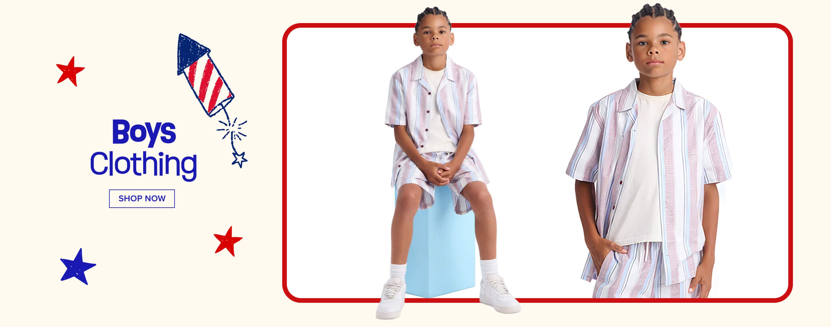Boy wears a red, white & blue striped summer shirt and shorts set. Shop our new boys clothing collection with patriotic fireworks & stars.