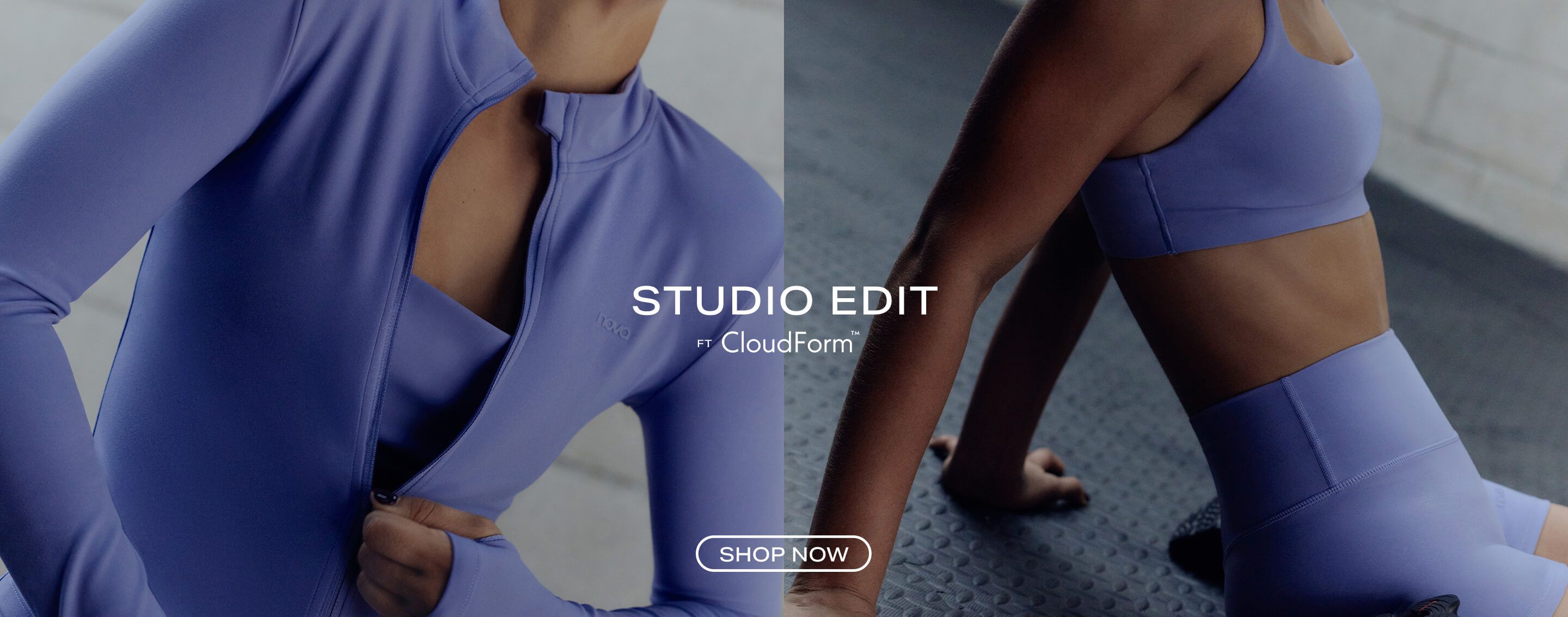 Woman in a lavender sports bra and shorts poses on a gym floor to promote the Studio Edit activewear collection featuring CloudForm.