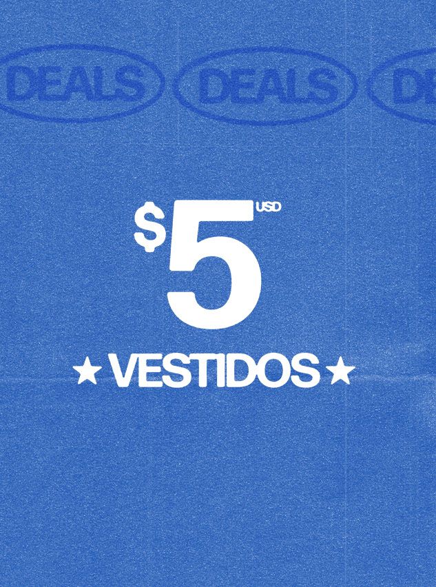 Texto: '$5 VESTIDOS' en blanco sobre fondo azul texturizado, con texto tenue repetido 'DEALS'. Promociona increíble oferta de vestidos a $5.