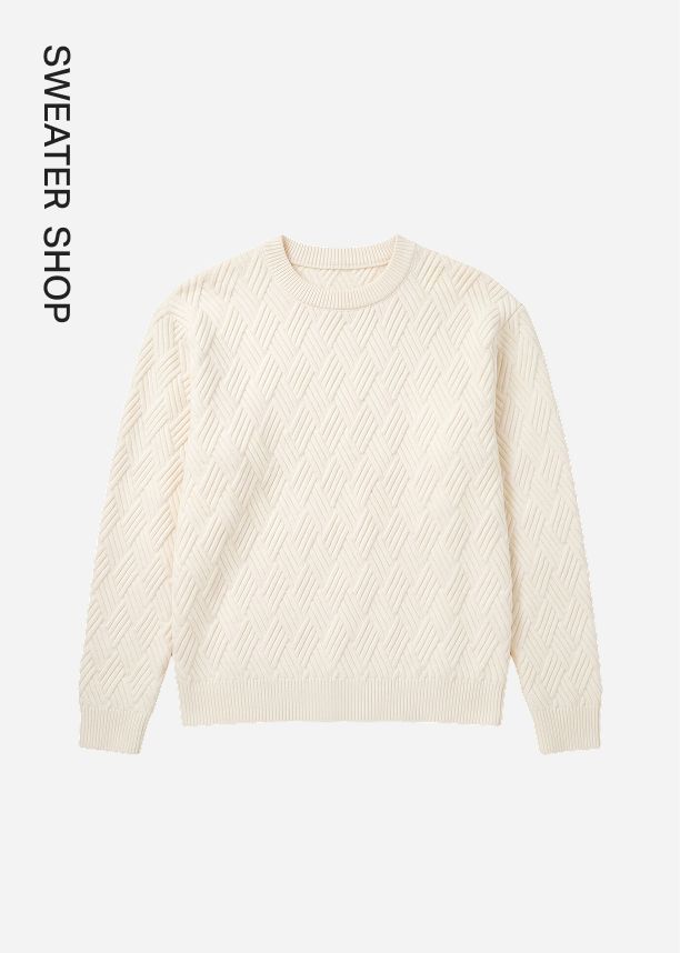 Off-white textured crewneck knit sweater with a geometric pattern, showcased for a seasonal winter and fall fashion apparel collection.