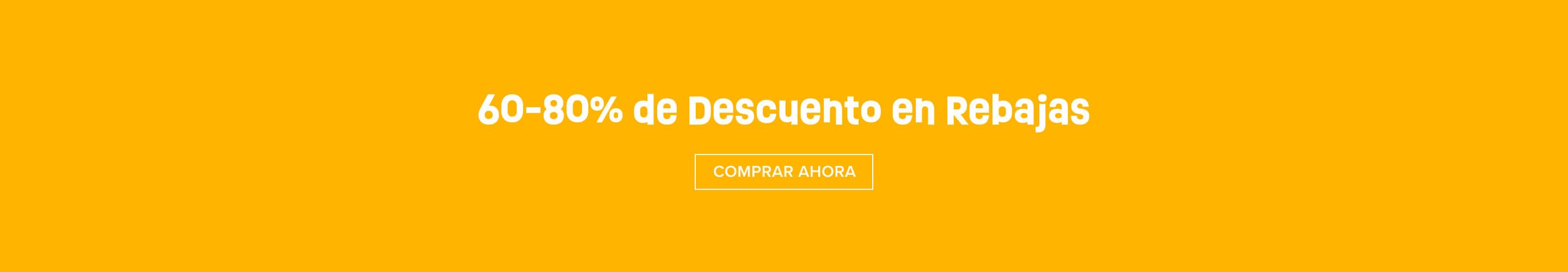 Banner amarillo brillante con texto blanco: '60-80% de Descuento en Rebajas' y un botón 'Comprar Ahora', promocionando un gran evento.