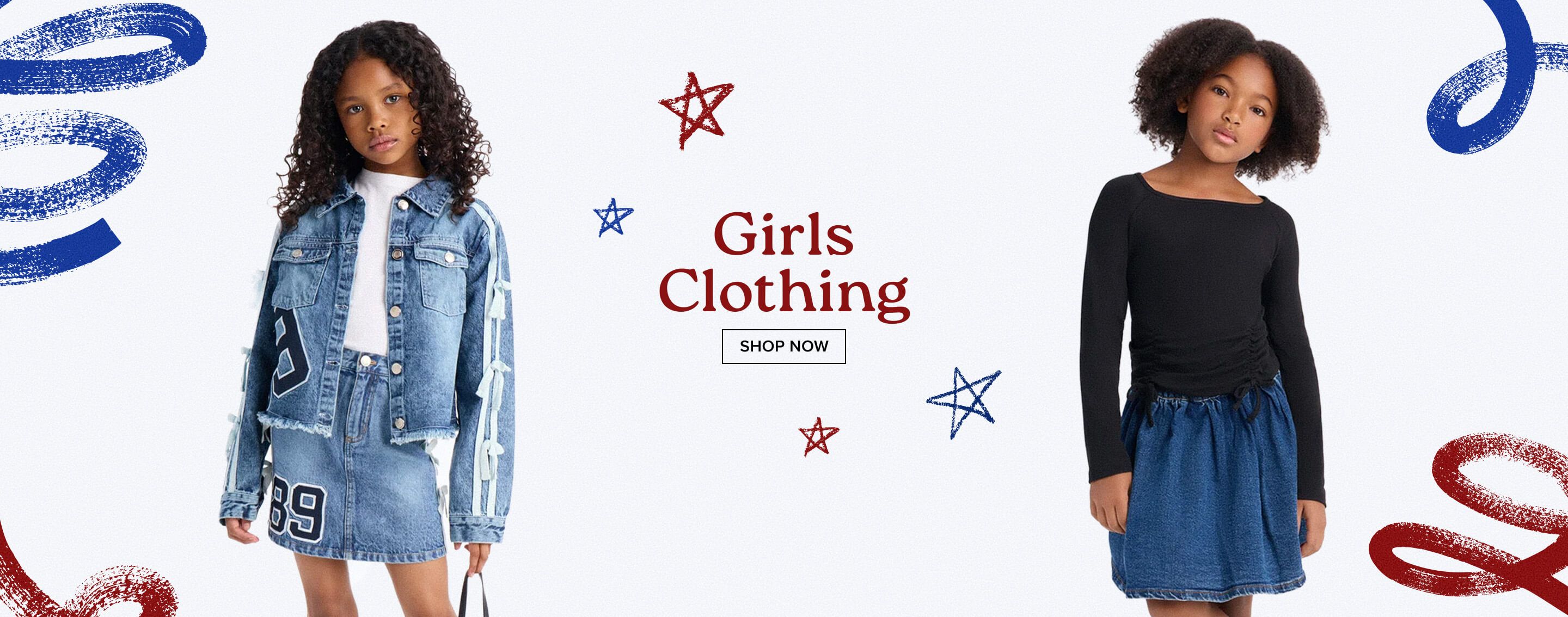 Smiling young girl wearing a blue denim jacket and skirt set under a Girls Clothing banner with a Shop Now button call to action.