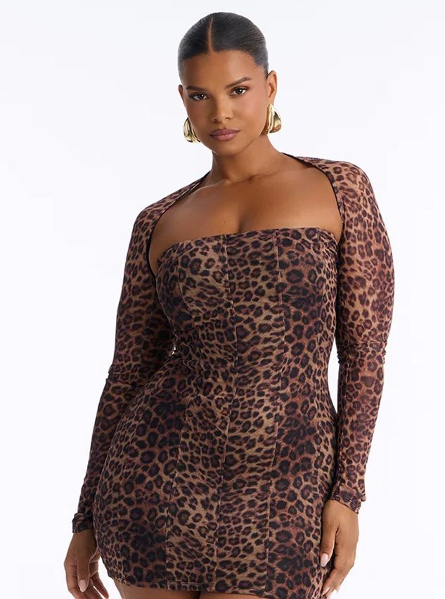 Model in a leopard print long-sleeve bodycon dress with a corset bodice and cutout neckline.