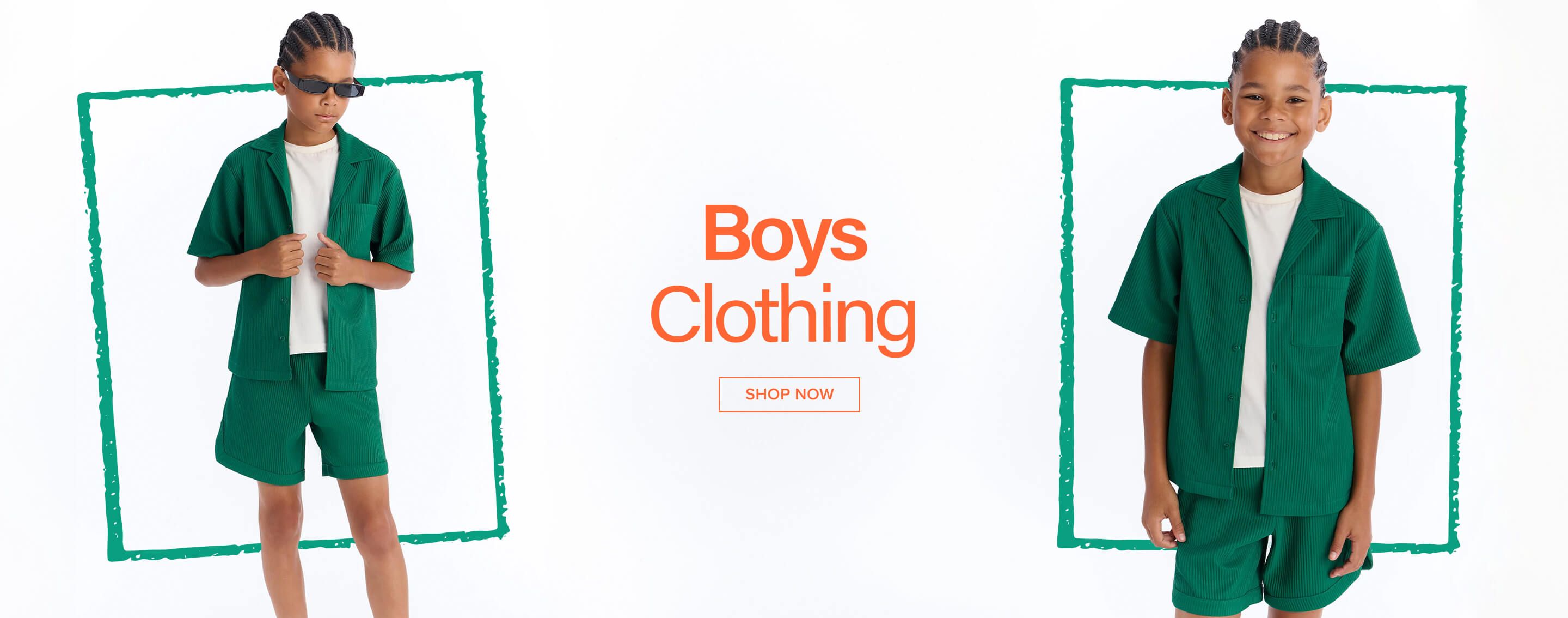 Young boy in a trendy green ribbed short set and sunglasses, featured for "Boys Clothing". Click "SHOP NOW" for kids' fashion.