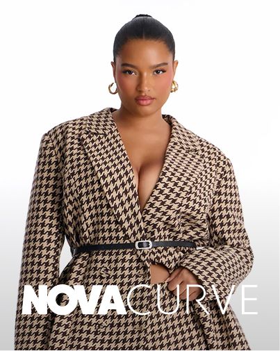 Plus size model wears a brown and beige houndstooth blazer belted with a thin black strap, showcasing the chic Nova Curve fashion line.