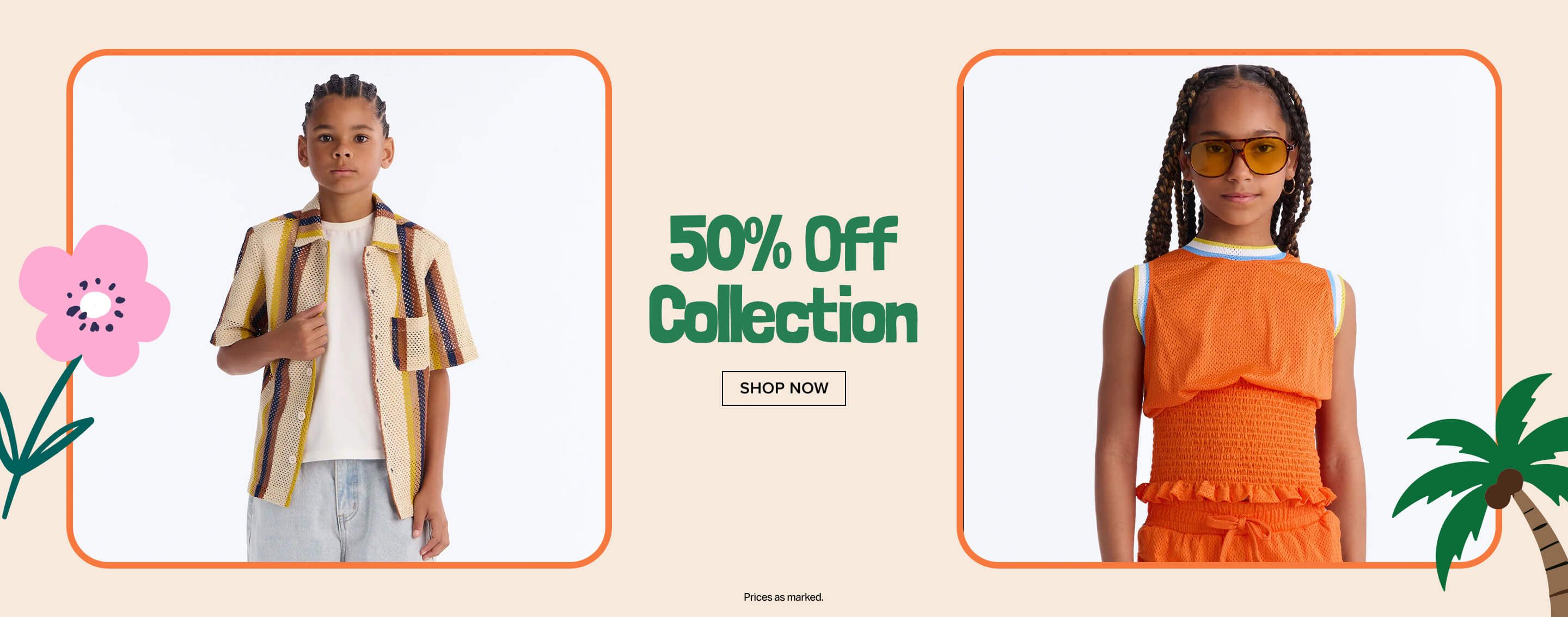 Boy in striped shirt, girl in orange top & yellow sunglasses. 50% Off Collection for kids' summer fashion. Shop now!