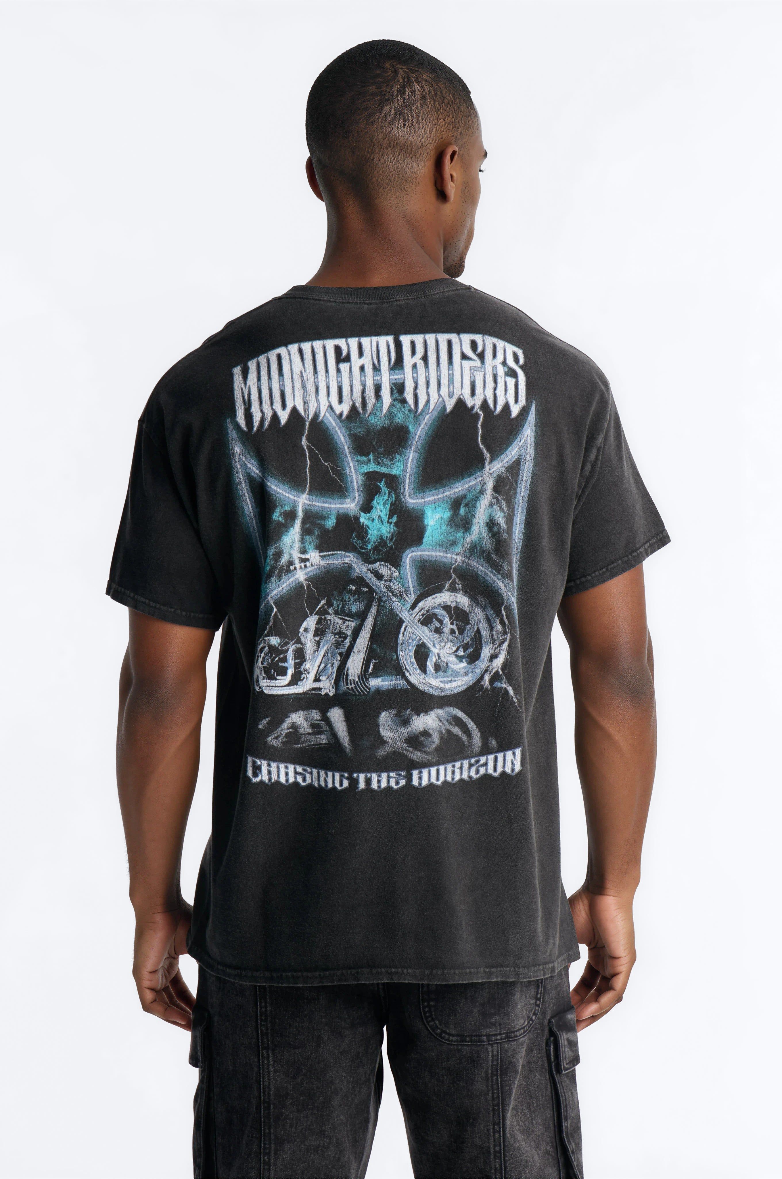 Washed black graphic tee with a dynamic "Midnight Riders" motorcycle print, blue lightning, and "Chasing the Horizon" text. Promotes new men's collection.