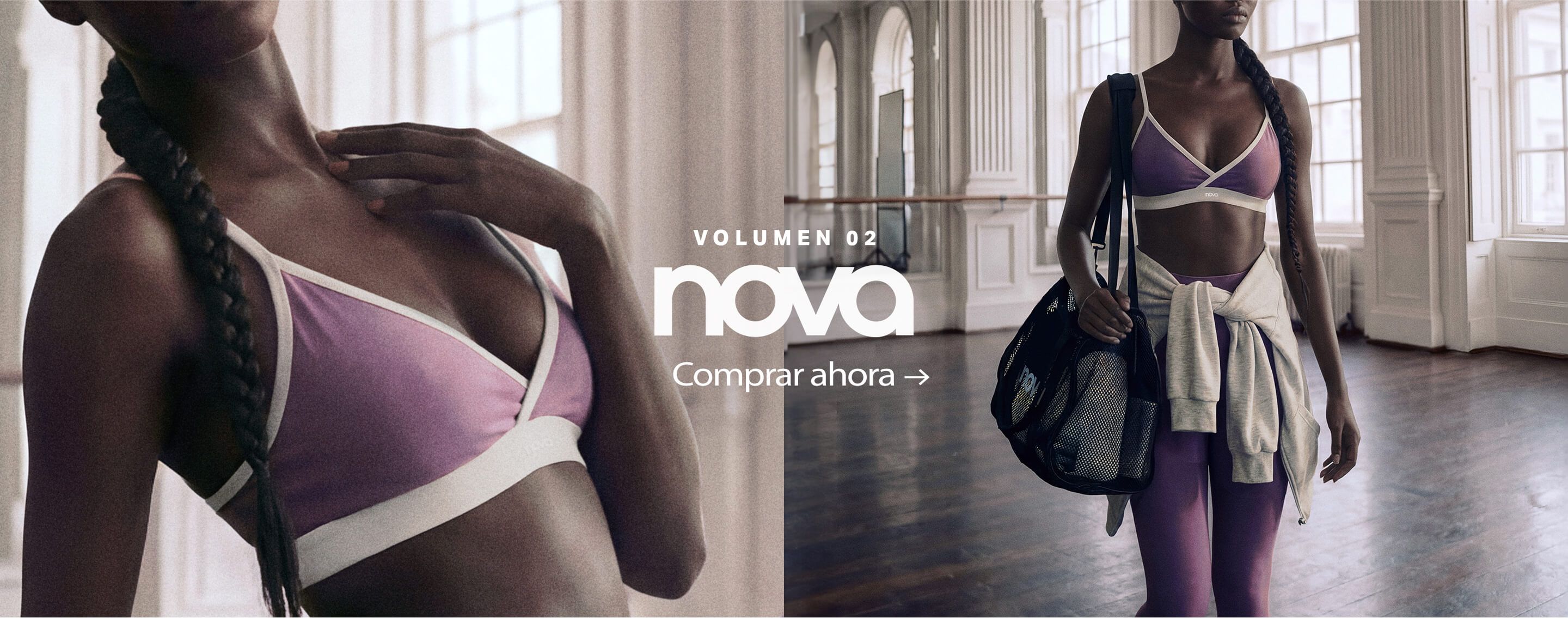 Nova Volumen 02: Persona con sujetador deportivo morado, leggings a juego, bolsa de gimnasio negra y sudadera gris. Compra ropa deportiva nueva.