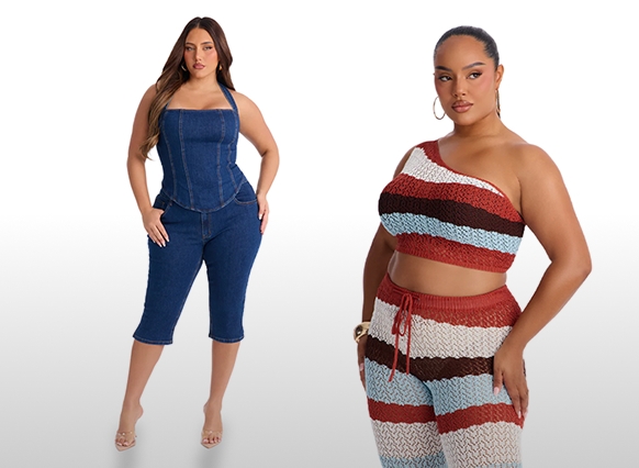 Two plus-size models showcasing new spring fashion. One wears a blue striped knit shorts set, the other a dark denim wide-leg jumpsuit. Explore stylish outfits.