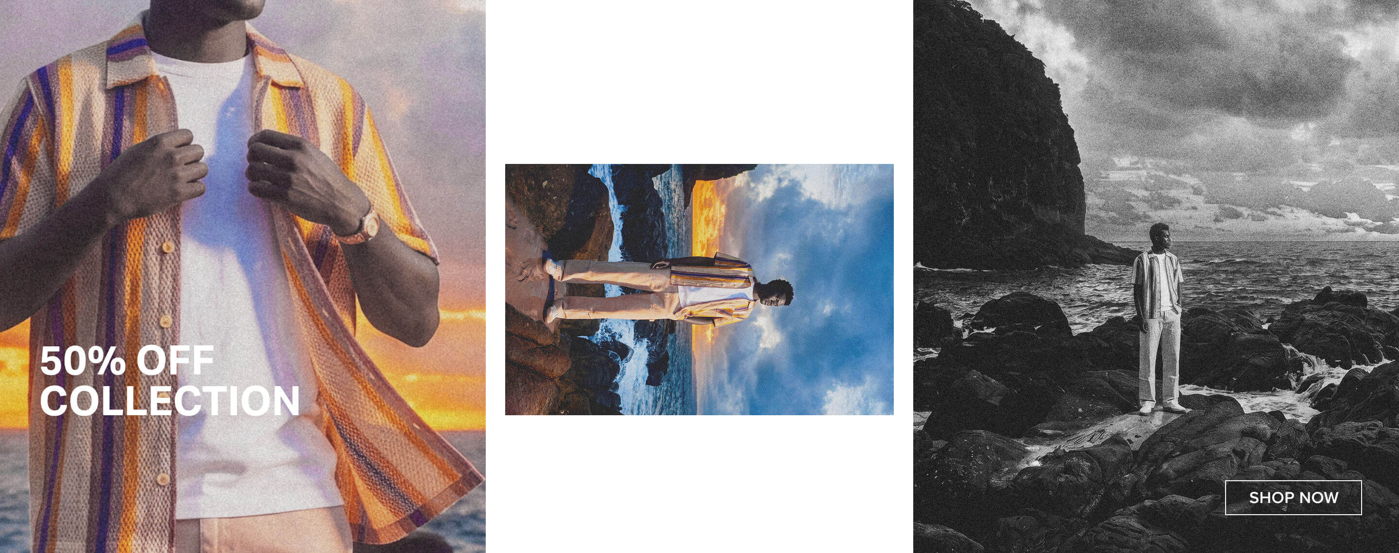 Men's summer fashion collage: close-up of striped shirt, full shot on rocky beach. Promoting a 50% OFF COLLECTION. Shop Now.